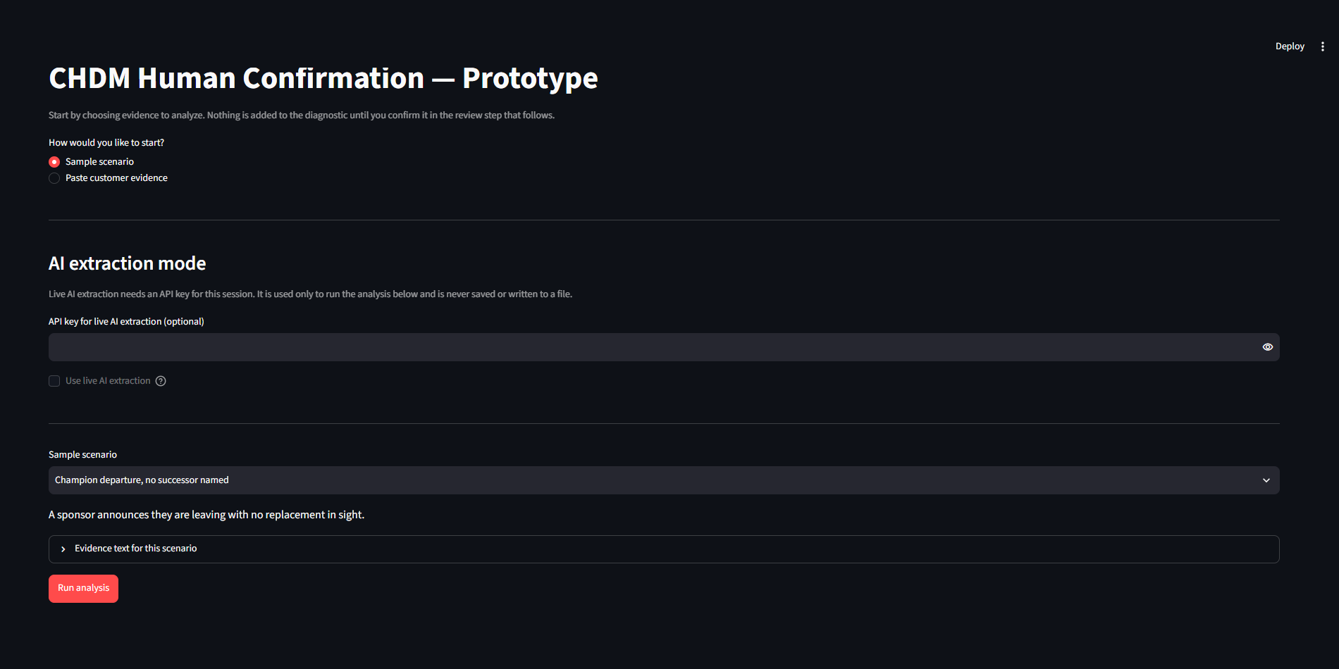CHDM setup screen with the sample-scenario picker