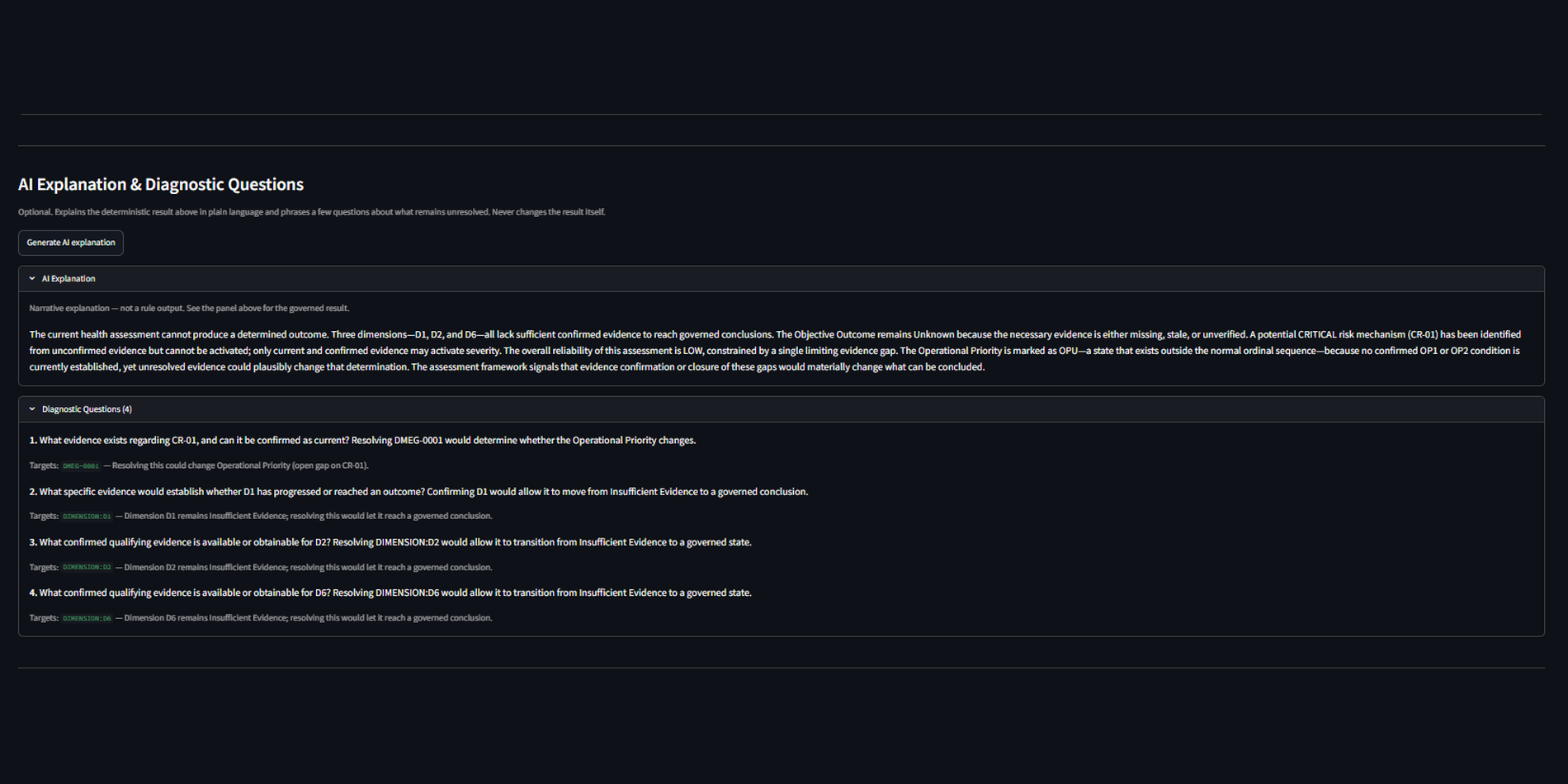 AI Explanation and Diagnostic Questions panel, expanded
